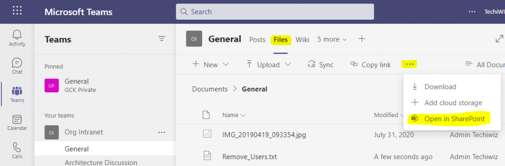 Files tab inside Teams Channel