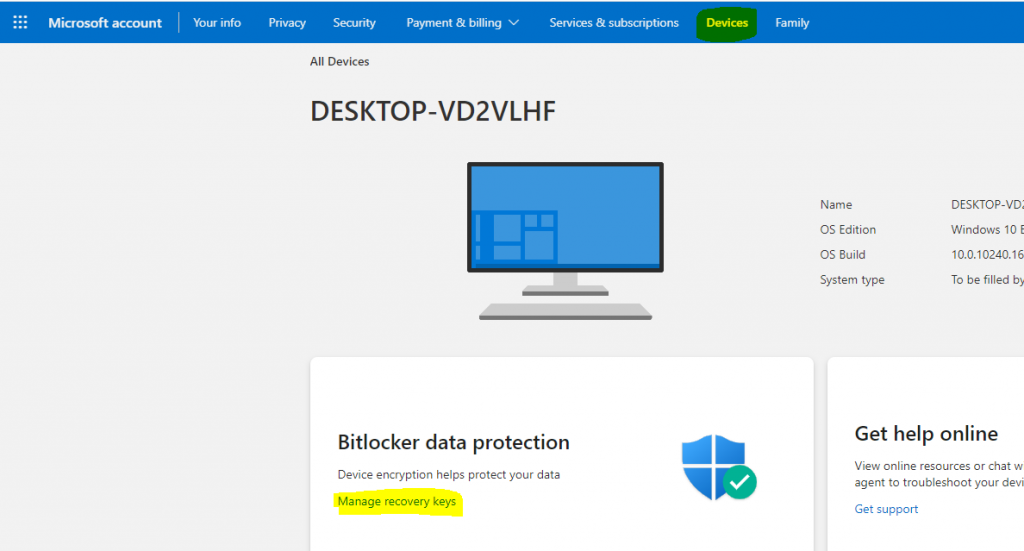 Bitlocker Recover Key (aka.ms/recoverykeyfaq)