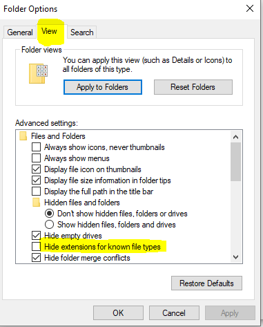 Enable to Show File Extension Types: 